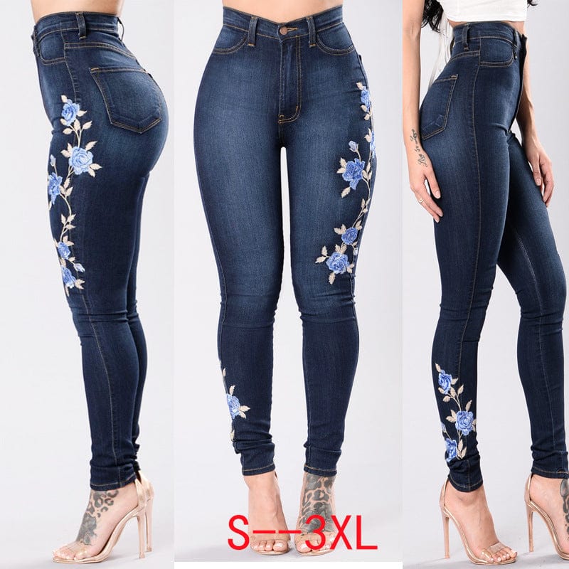 2 XL / E8040 YSMARKET  Flower Embroidered Jeans For Women Elastic Jean Female Pencil Denim Pant Sexy Skinny Pantalon Femme E8040
