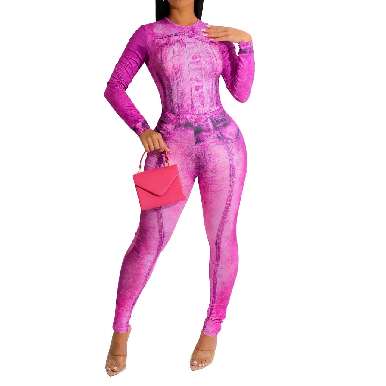 2 XL / Fuchsia Fall Style Long Sleeve Jumpsuit With Bodycon Legging Set Fashion Printed Two Piece Lounge Wear Women Sets