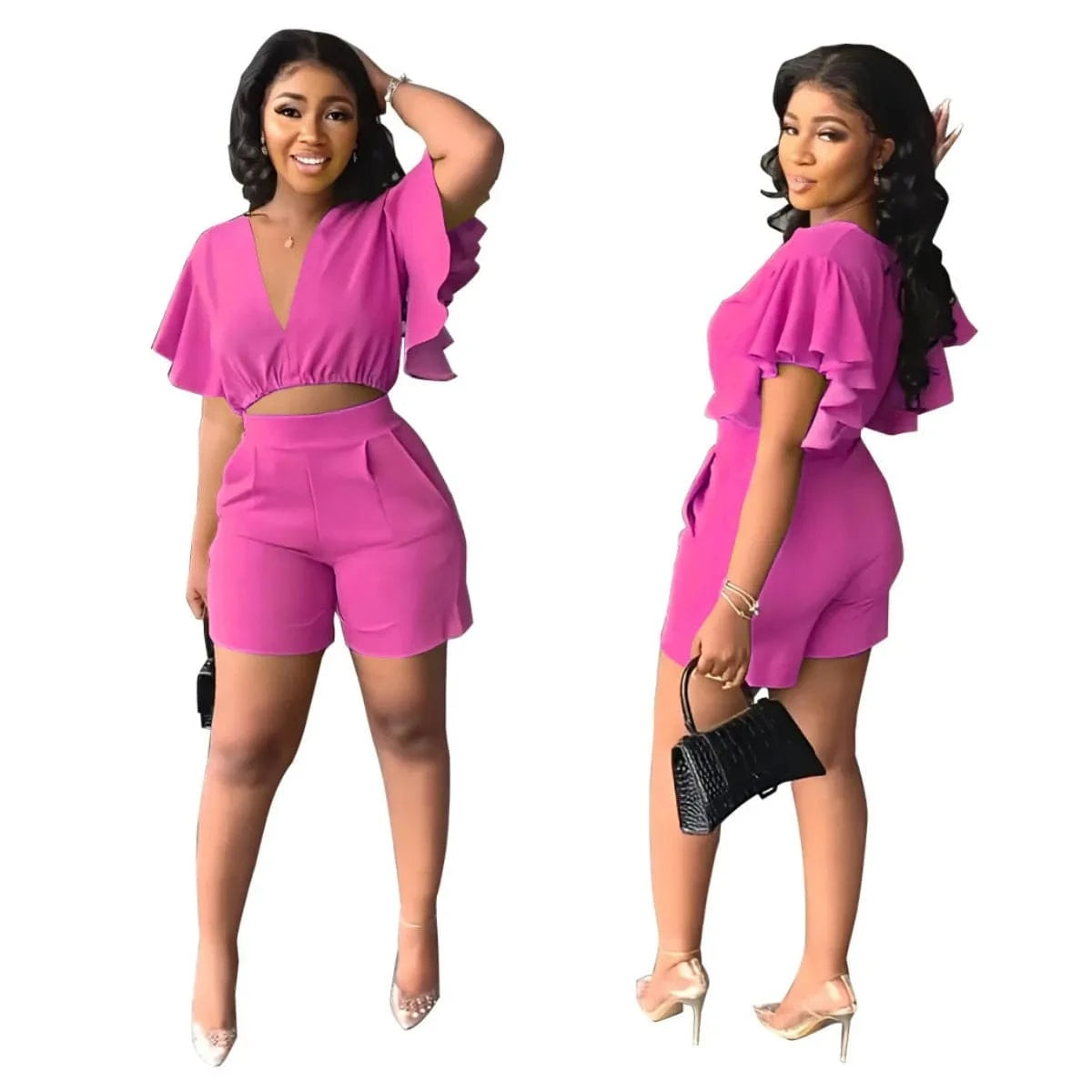 2 XL / Fuchsia Summer Women's Sets Ruffled Sleeve V-neck Top + High Waist Pocketed Shorts Suit Lady Solid Casual Two Piece Set