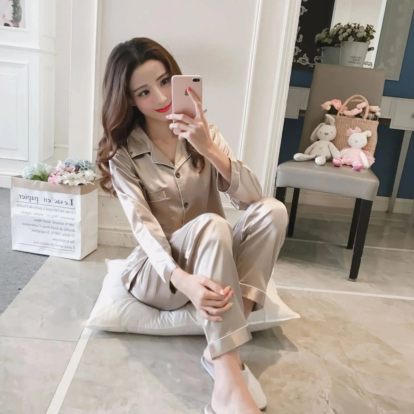 2 XL / Golden 2024 Spring And Autumn New Ladies Large Size Lapel Silk Fashion Pajamas Fat Ladies Ladies Home Wear