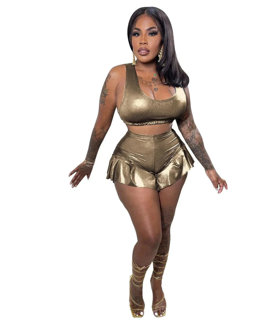 2 XL / Golden casual Trendy Metallic Pleated Hem two piece crop top cargo short sets for women 2023