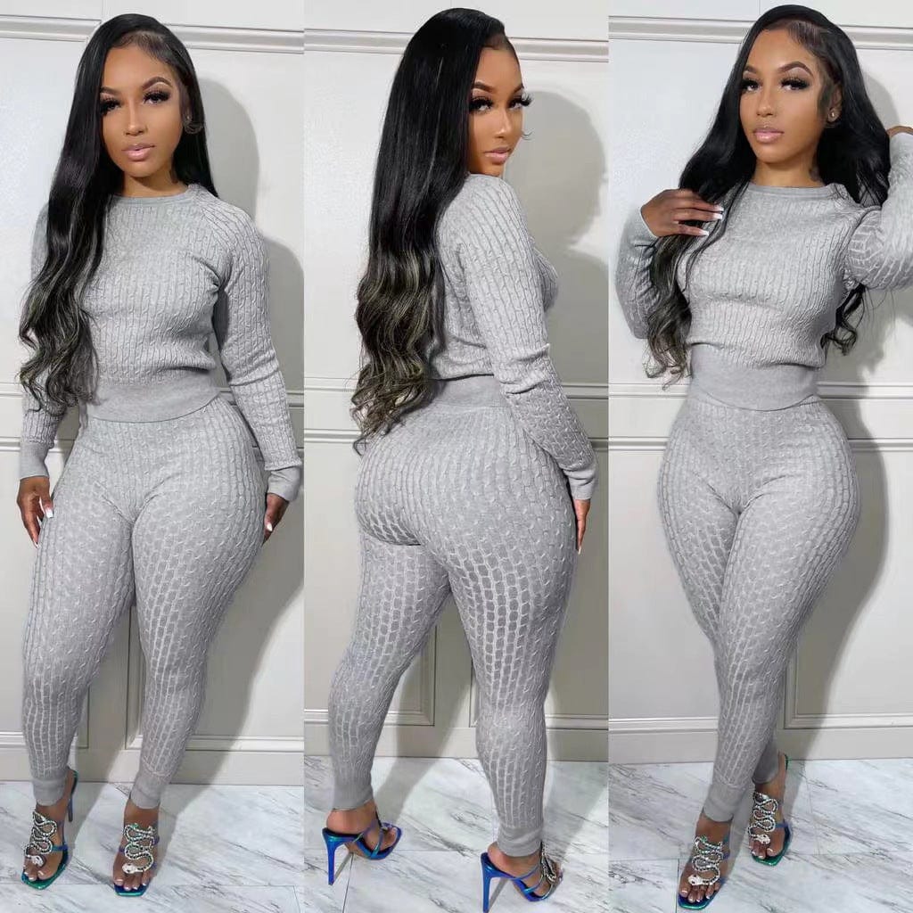 2 XL / Gray 2022 New Womens Clothing Knit Sweater Suits Two Piece Pants Set Women Sweater Suit Two Piece Pants Set