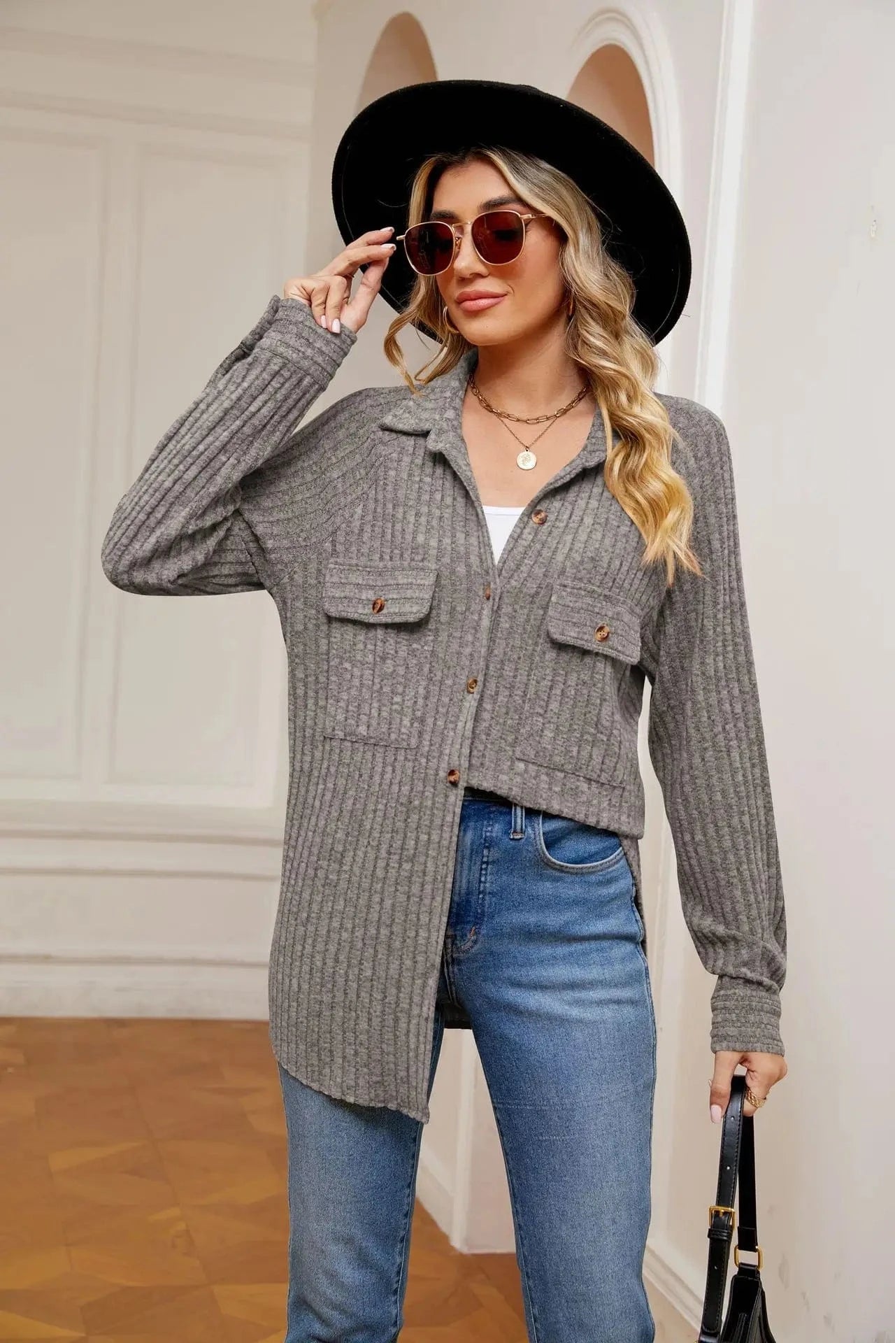 2 XL / Gray Autumn Long Sleeve Leisure Knitted Coat Turn-Down Collar Loose Button Pit Strip Open-front Cardigan Thin Jacket For Women