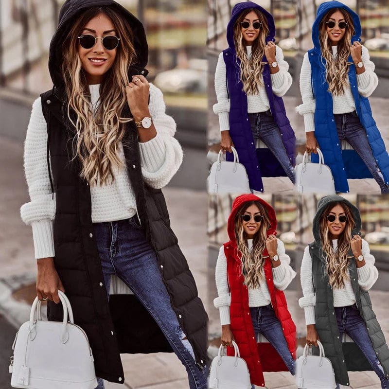 2 XL / Gray Fashion Sleeveless Cotton Hooded Jackets Vest Women Long Winter Vests  Solid Color Zipper Warm Streetwear Waistcoat Women
