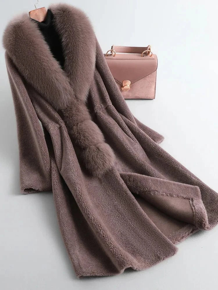 2 XL / Gray PUDI Winter Woman Real Fox Fur Wool Coat Jacket Female Long Sheep Shearing Over Size Black Trench Parka CT198