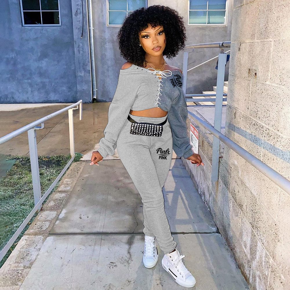 2 XL / Gray Trendy Women Clothes Sports Suit Ribbed Strappy Sweatshirt With Jogger Pants Brand Pink Printed Women 2 Piece Set