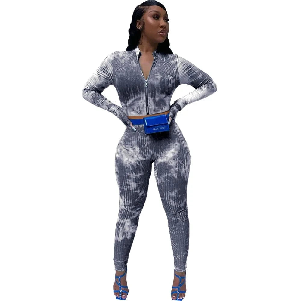 2 XL / Gray Two Piece Womens Suits Tie Dye Tracksuit Womens Jogging Set 2 Piece Tie dye Printing Pants Women Clothing Two Piece Set