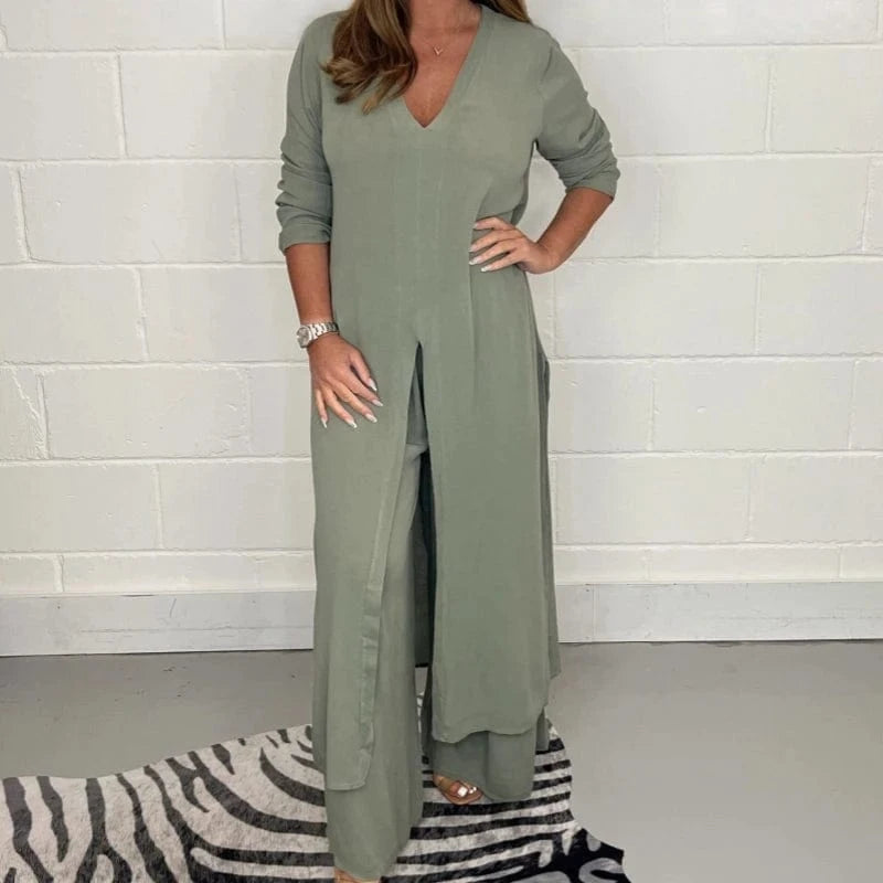 2 XL / green 2023 New Fashion Casual Comfortable Elegant Two Piece Split Long Shirt And Pants Sets Women