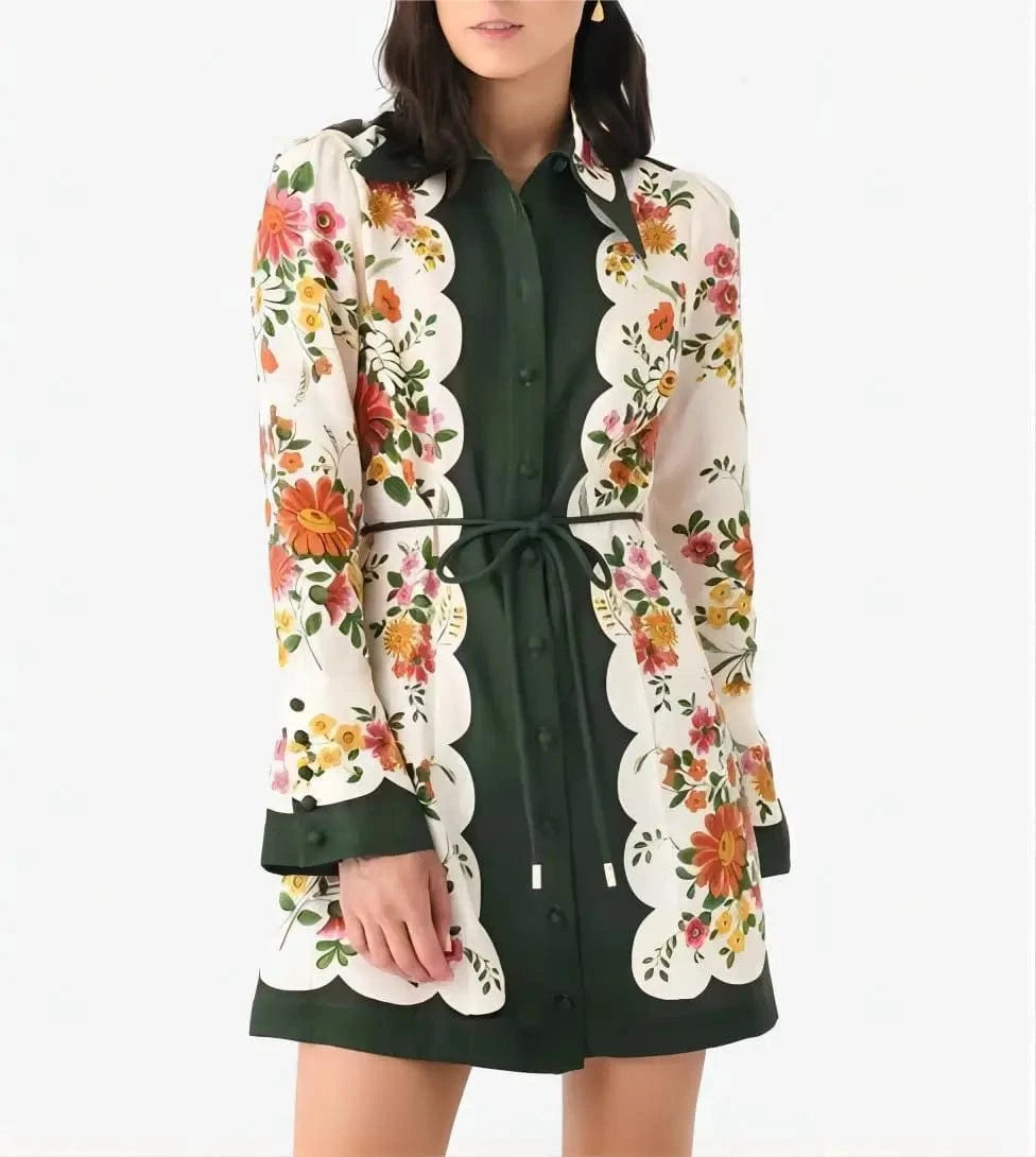 2 XL / green 2024 European and American Spring and Summer new linen Long sleeve Plant Printing lace-up Lapel Women's dress