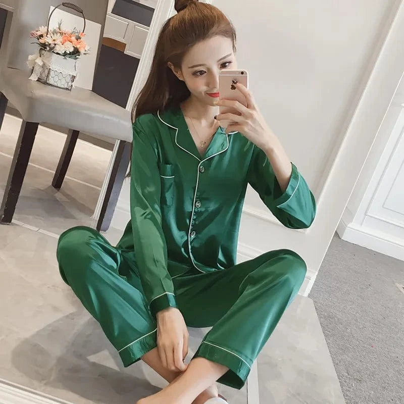 2 XL / green 2024 Spring And Autumn New Ladies Large Size Lapel Silk Fashion Pajamas Fat Ladies Ladies Home Wear