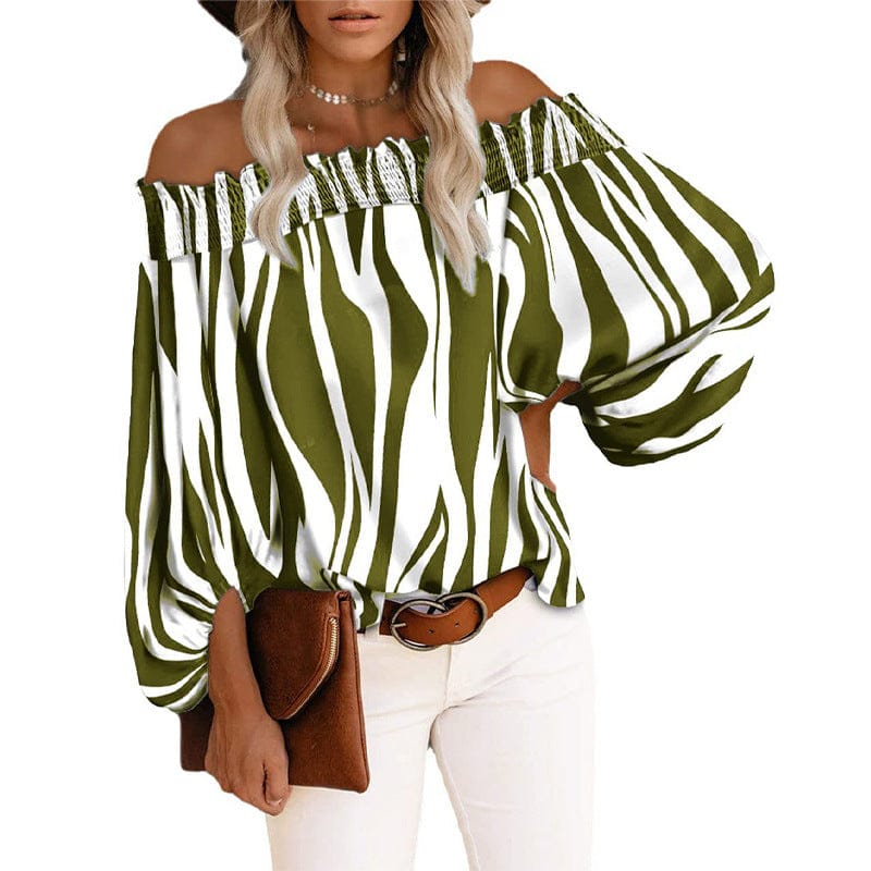 2 XL / green Amazon hot summer autumn new European American striped sexy off-shoulder chiffon shirt