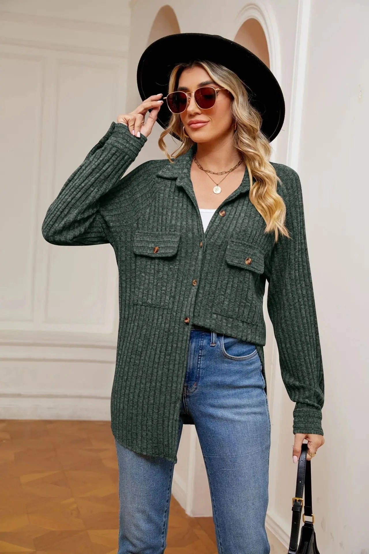 2 XL / green Autumn Long Sleeve Leisure Knitted Coat Turn-Down Collar Loose Button Pit Strip Open-front Cardigan Thin Jacket For Women