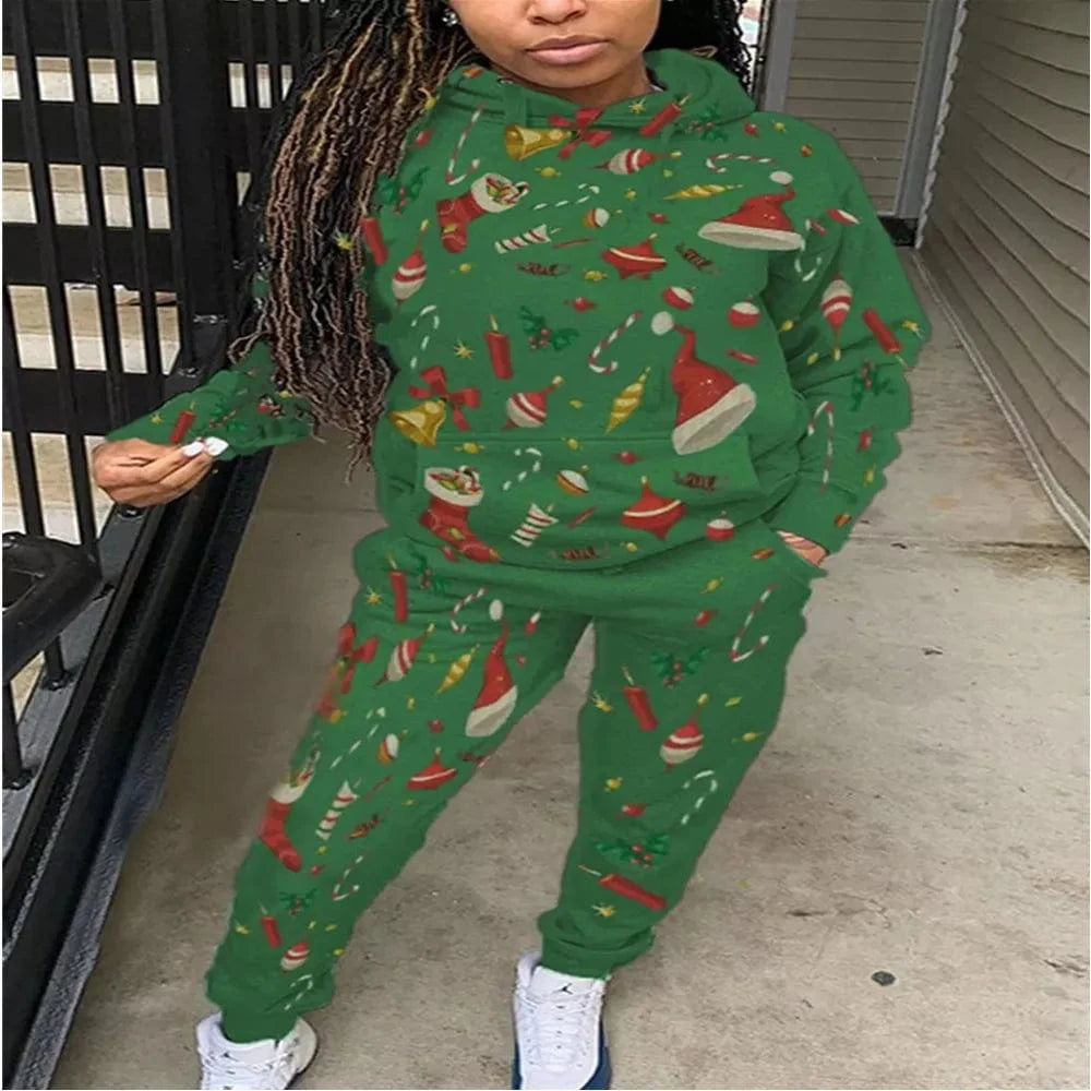 2 XL / Green Christmas Clothes Adults Winter 2 Piece Jogger Sets Pants Sweatshirt Two Piece Jogging Suit Sweatpants and Hoodie Outfits