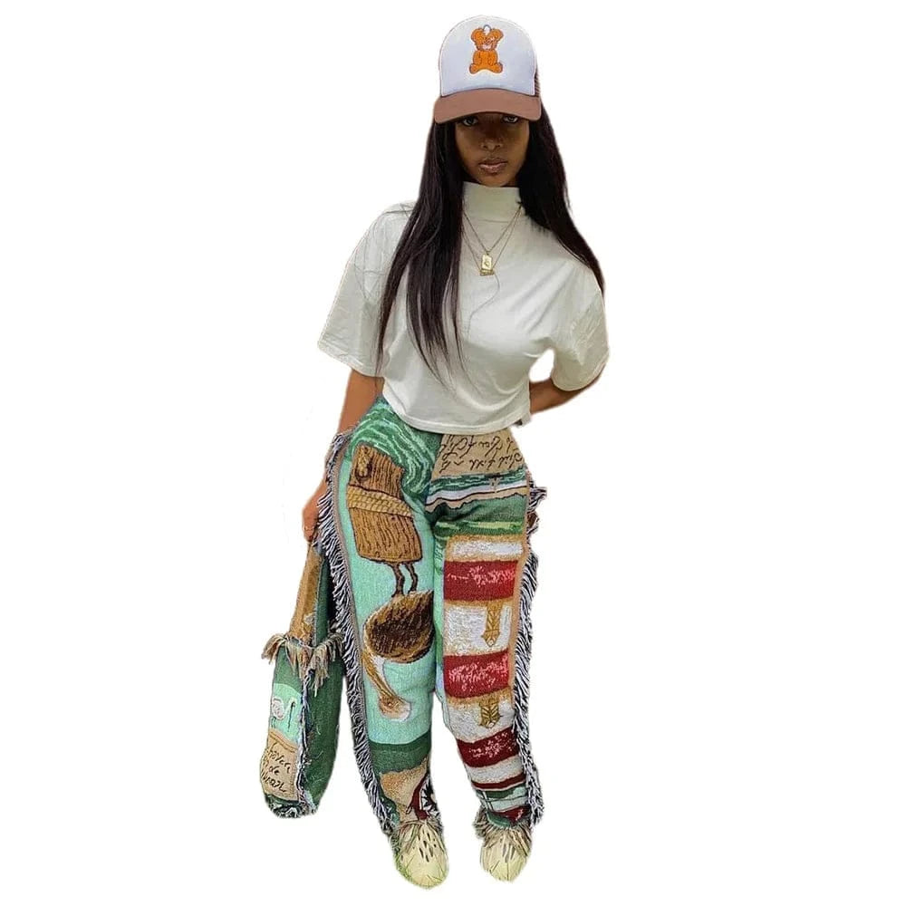 2 XL / green Fashionable Regular Fit Street Style Track Pants Pockets Cotton Fringe Tassel Sweat Pant Women Trendy Print Pants