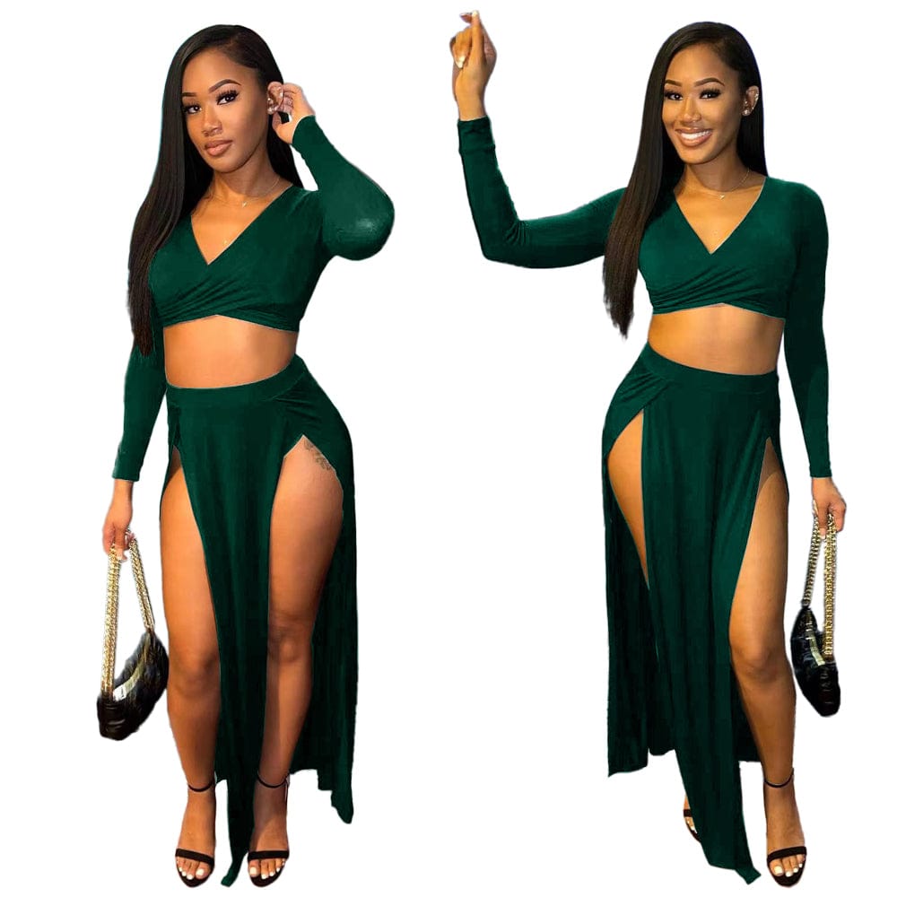 2 XL / green Foma 2023 solid color two piece set women clothing crop top skirt and top set for women skirt set