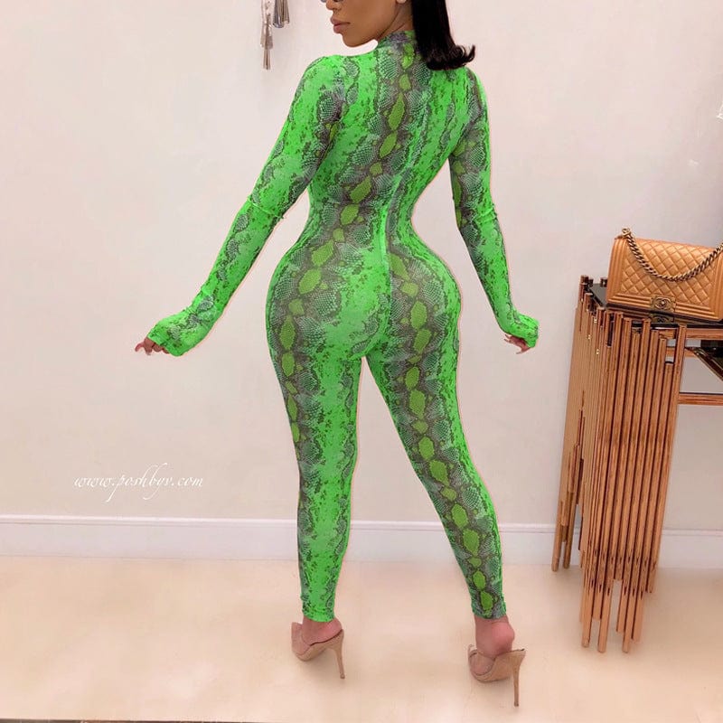 2 XL / green JANHE combinais Roupas femininas Lady snakeskin long sleeve jumpsuit Skinny Leopar Zipper Sport Women Bodysuit Playsuit Jumpsuit
