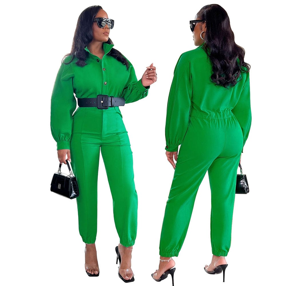 2 XL / green kc women  Solid color fashion  casual jumpsuit pants