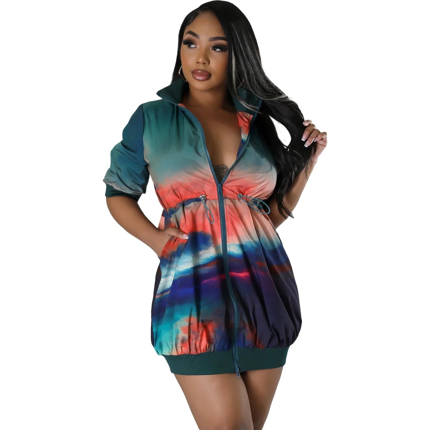 2 XL / green L28644 Women's Jacket Baseball Uniform Long Sleeve Stand Collar Gradient Printing Sweatshirt Dresses