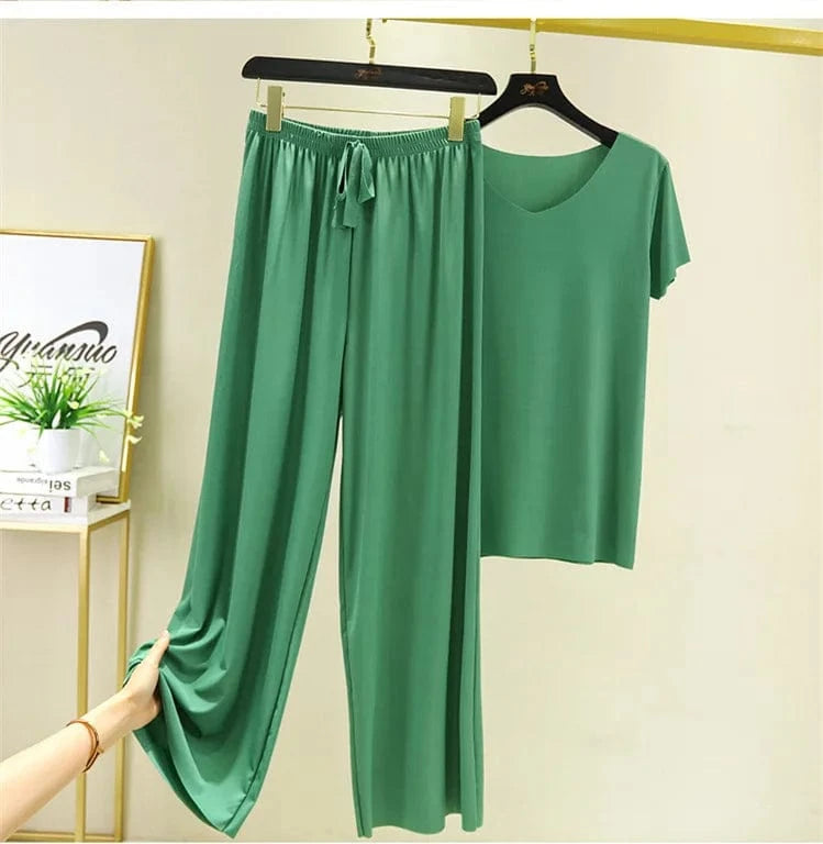 2 XL / green New Ice Silk Short Sleeve T-Shirt Two Piece Suit Women Summer Thin v-neck Top Loose Casual Wide Leg Pants 2 Pieces