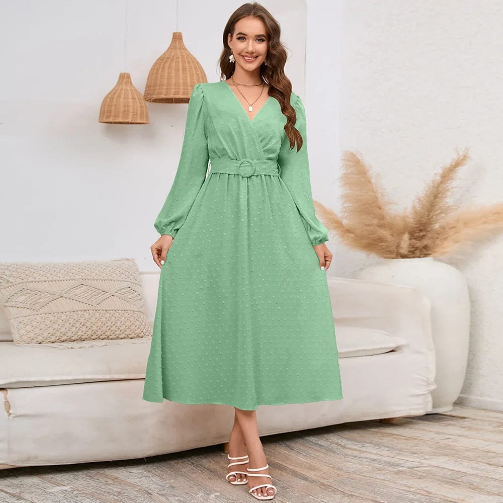 2 XL / green New V-neck Long Sleeve Printed Solid Color Waist Loose Spring  Autumn Daily Commute Casual  Women Lady Long Dress
