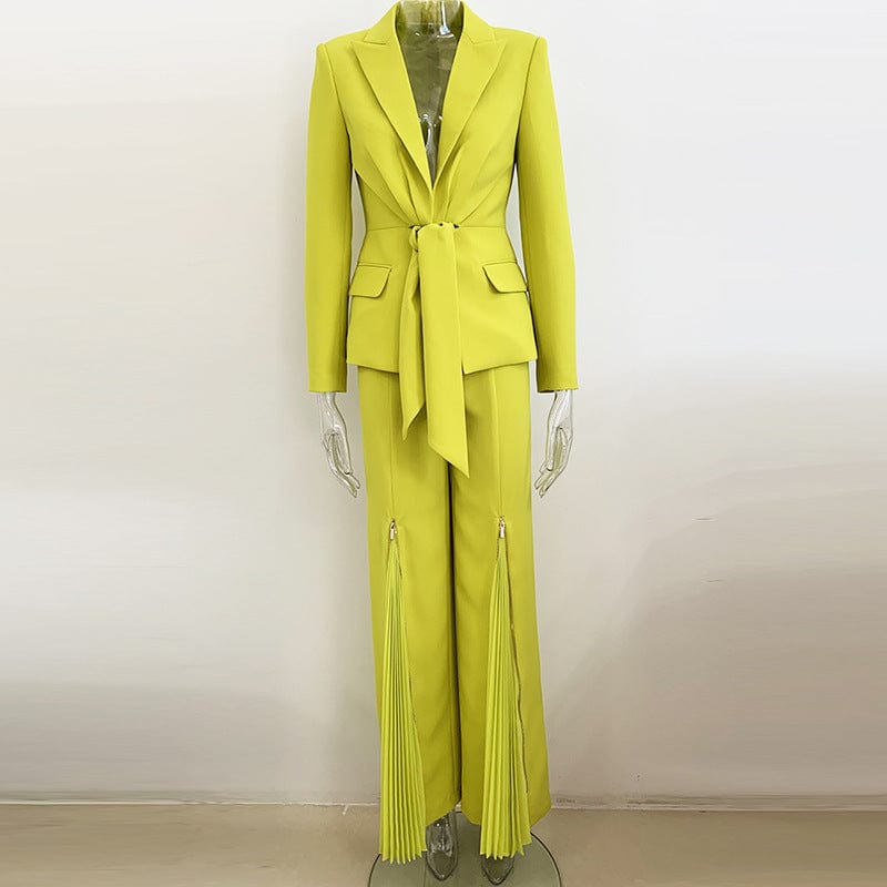 2 XL / green OUDINA Hotselling Wholesale Pleated Zipper Trousers Tie-up Suit Tuxedo Blazers Two Piece Sets Women's Suits Blazer
