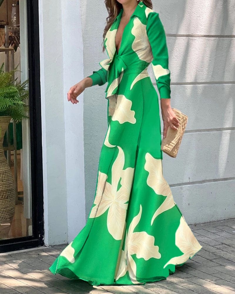 2 XL / Green print Women's clothing new fashion V neck long sleeve lapel top ladies loose wide leg pants women one piece jumpsuits