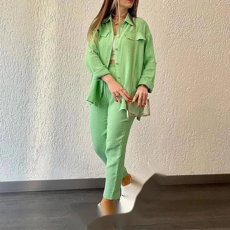 2 XL / green S-2XL New Double layered Crepe Loose Large Lapel Long sleeved Shirt Casual Set