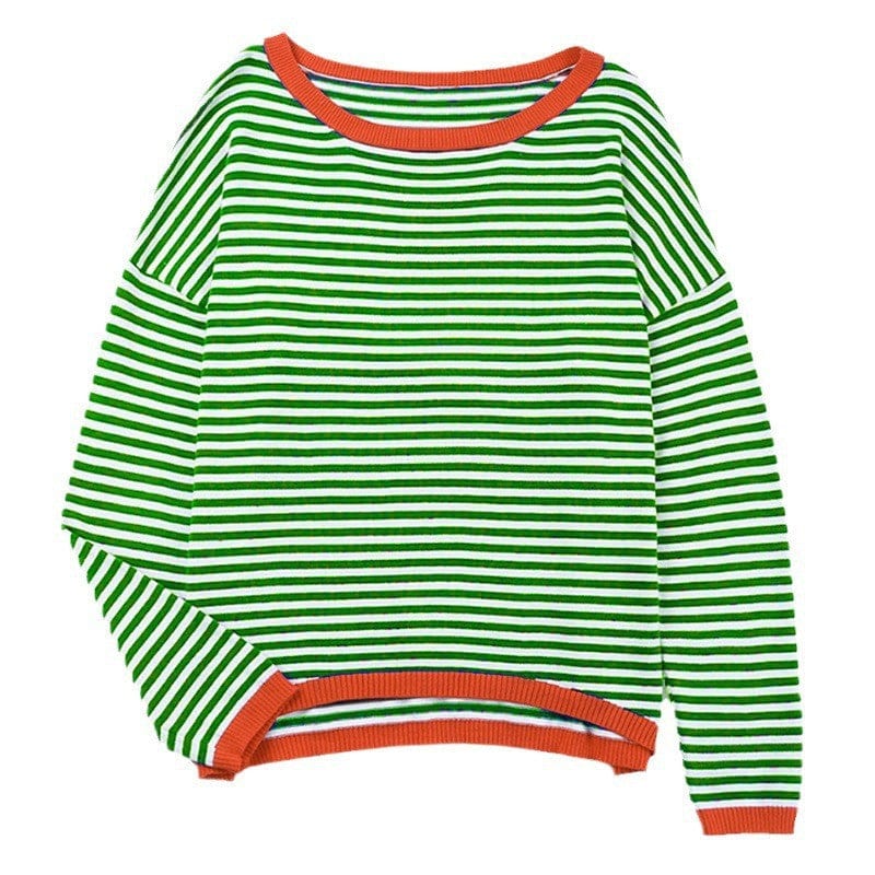2 XL / green S-XXL New Knitted Round Neck Sweater Casual Fashion Stripe Contrast Design Shoulder Drop Long Sleeve Top