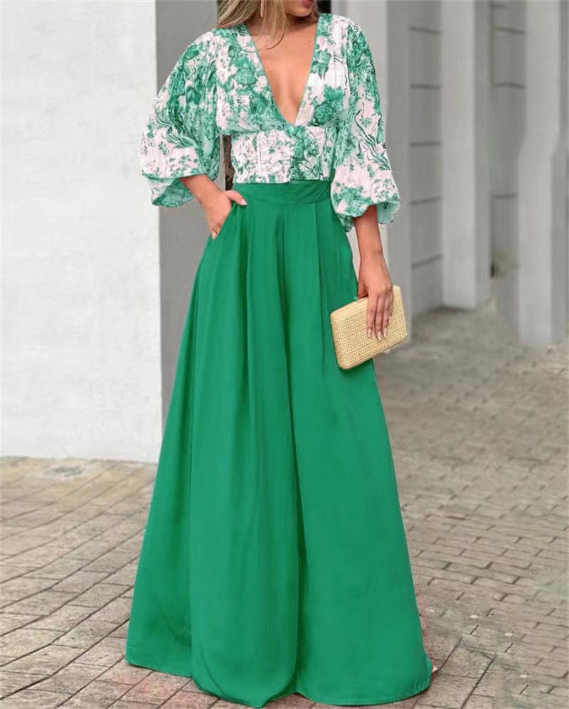 2 XL / green spring fall womens clothes women casual Temperament commuter long sleeve loose print crop top wide leg pants two piece lady sets