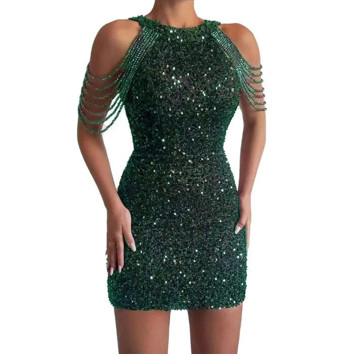 2 XL / green Summer Sequin short dress sexy slim fringe night dresses for woman