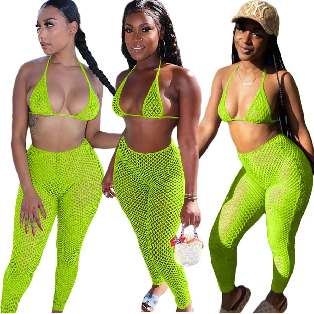 2 XL / green Summer Swimwear & Beachwear Mesh Sexy Beach Wear Ladies Bra Panties pants 3 Piece Set Women Bikinis Outfit With Briefs