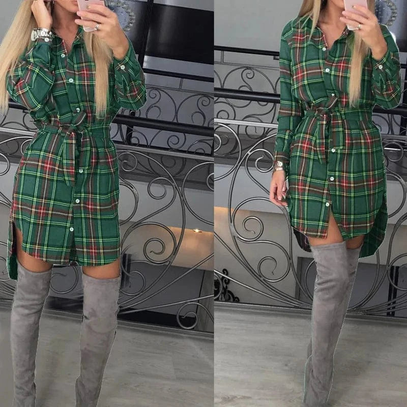 2 XL / green Women Long Sleeve Plaid Shirts Blouses Women's Lapel Button Mid-Length Long Shirt Lady New Fashion Casual Tops Shirt