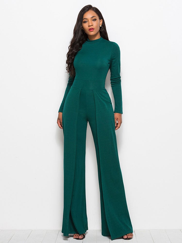 2 XL / green women's office clothes O neck long sleeve urban casual ladies romsuit wide leg pants are irregular one piece women jumpsuits