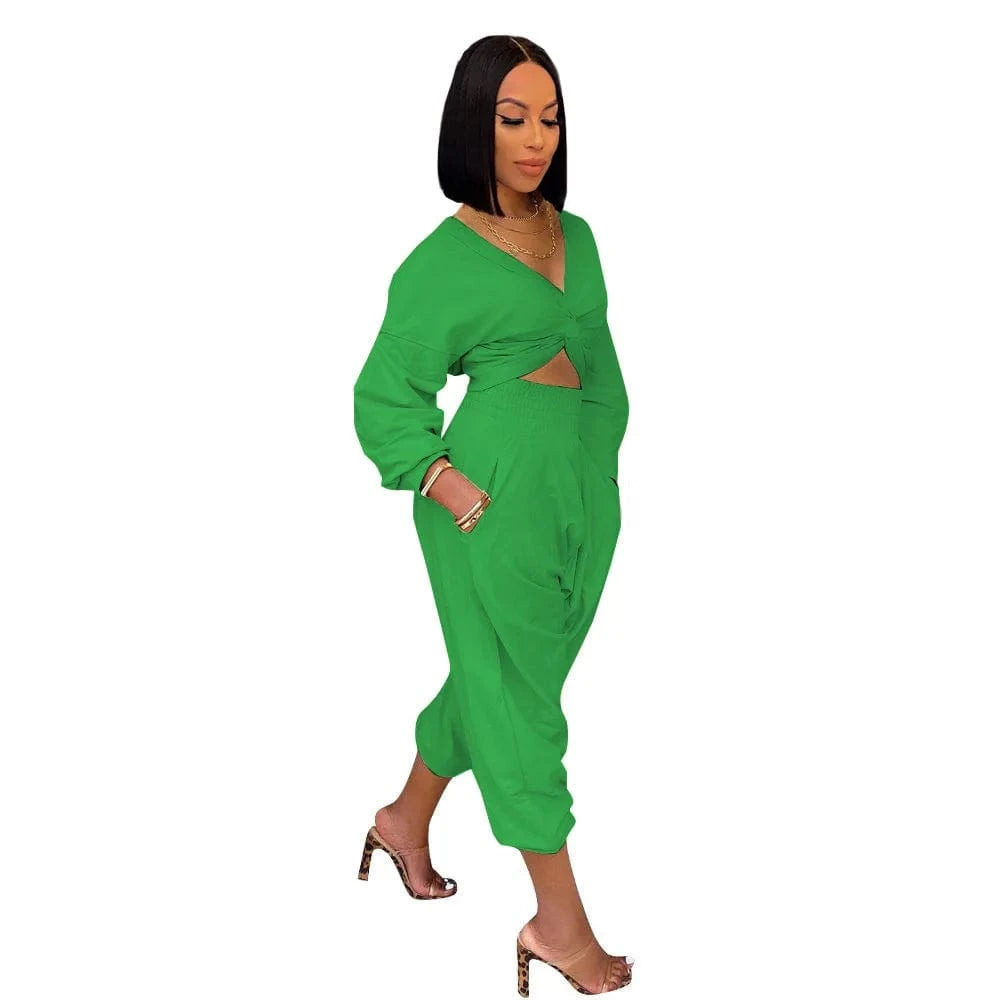 2 XL / green Women Winter Wear Wrap Crop Top Solid Two Piece Pants Set Fall 2pc Pants Set Plain Sweatshirt Suit Jogger Sweatsuit