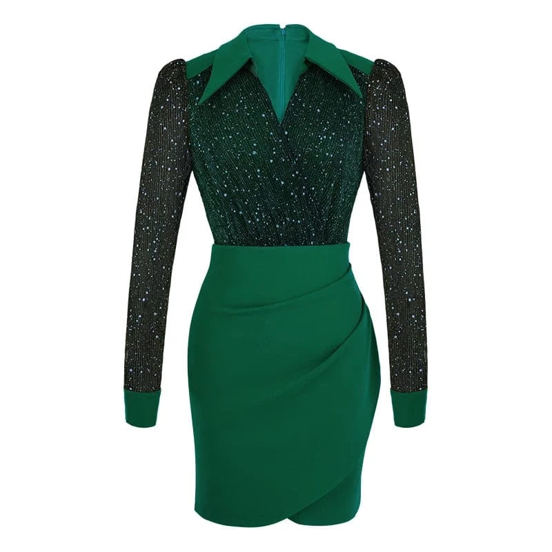 2 XL / green ZYHT 50673 4 Color Choices Sequins V Neck Irregular Mini Dresses Fashion Ruched Design Sexy One Step Dress