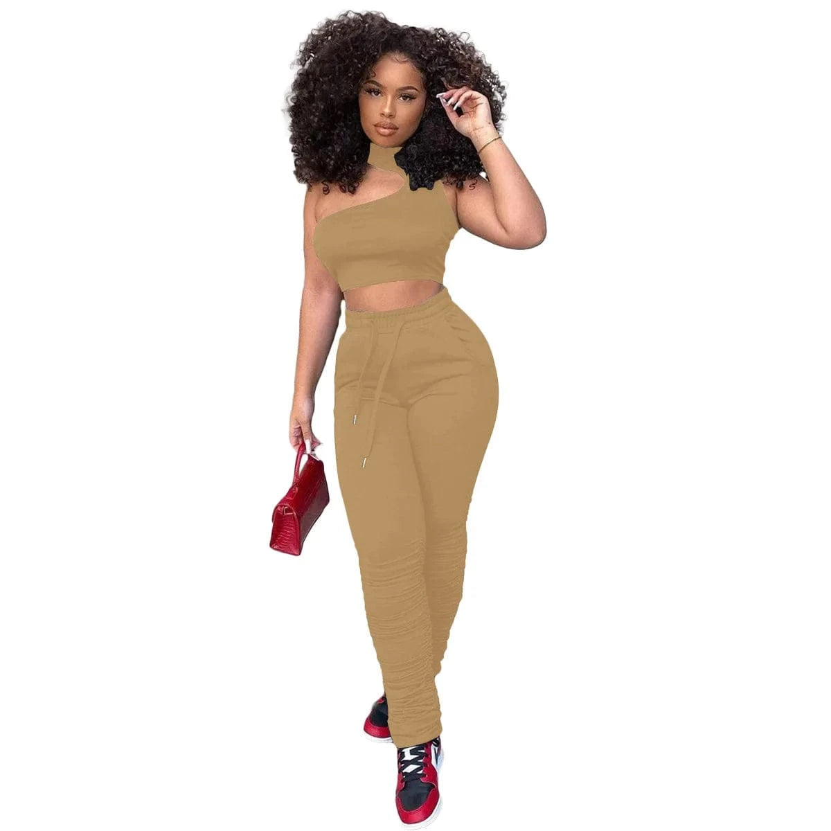 2 XL / Khaki Casual 2 Piece Set Top and Pants Two Piece Trendy Solid Two Piece Suit Pant Set Women Stacked Joggers Pants with Side Pockets
