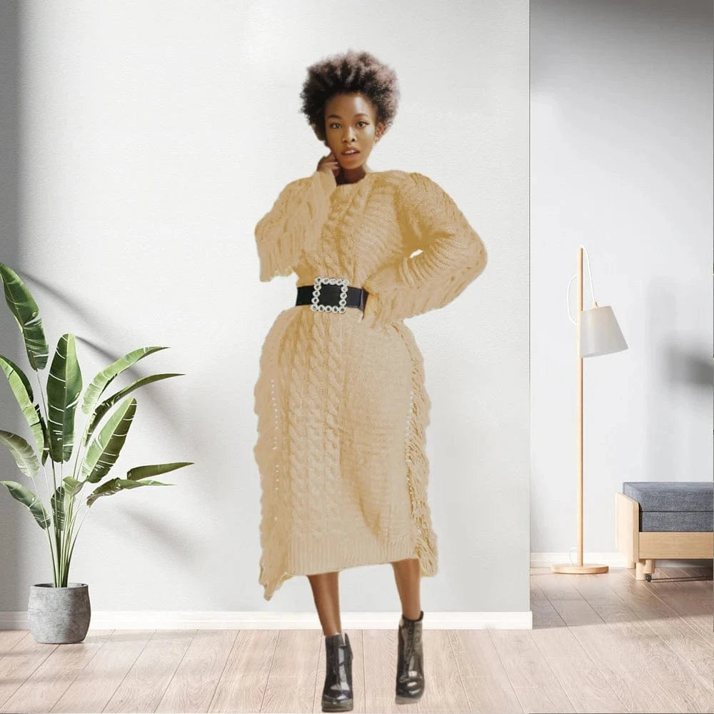 2 XL / Khaki D1211TA04  New Trendy Solid Color Long Sleeve Hollow Out  Knitted Tassel Sweater Women Dress Sehe Fashion