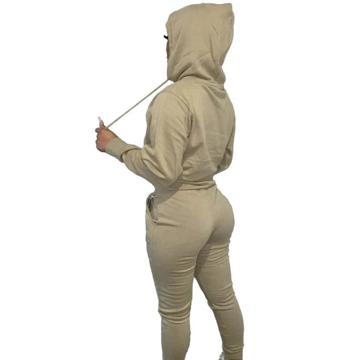 2 XL / Khaki European And American Women's Clothing Solid Color Casual Sports Jogger  Two Piece Hoodie Set