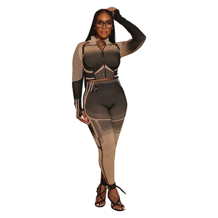 2 XL / Khaki Fall 2023 Fashion Printed Women's Set Long Sleeve T Shirt and Legging Pants Active Wear Yoga Two Piece Sets Tracksuit Outfits