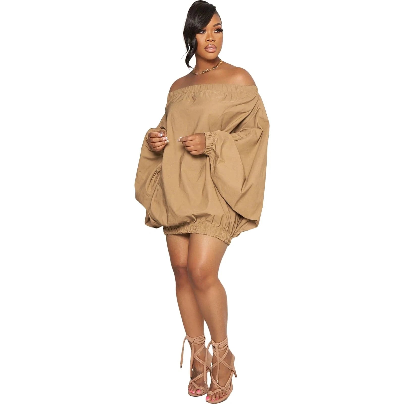 2 XL / Khaki L28805 Stylish Solid Off-Shoulder Long Sleeve Mini Dress with a Flattering Lantern Skirt