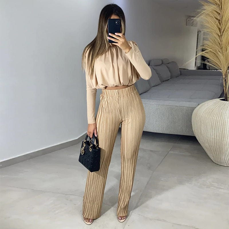 2 XL / Khaki New Women Fashion Solid Color Pleated Suit Sexy Long Sleeve Crop Top Casual