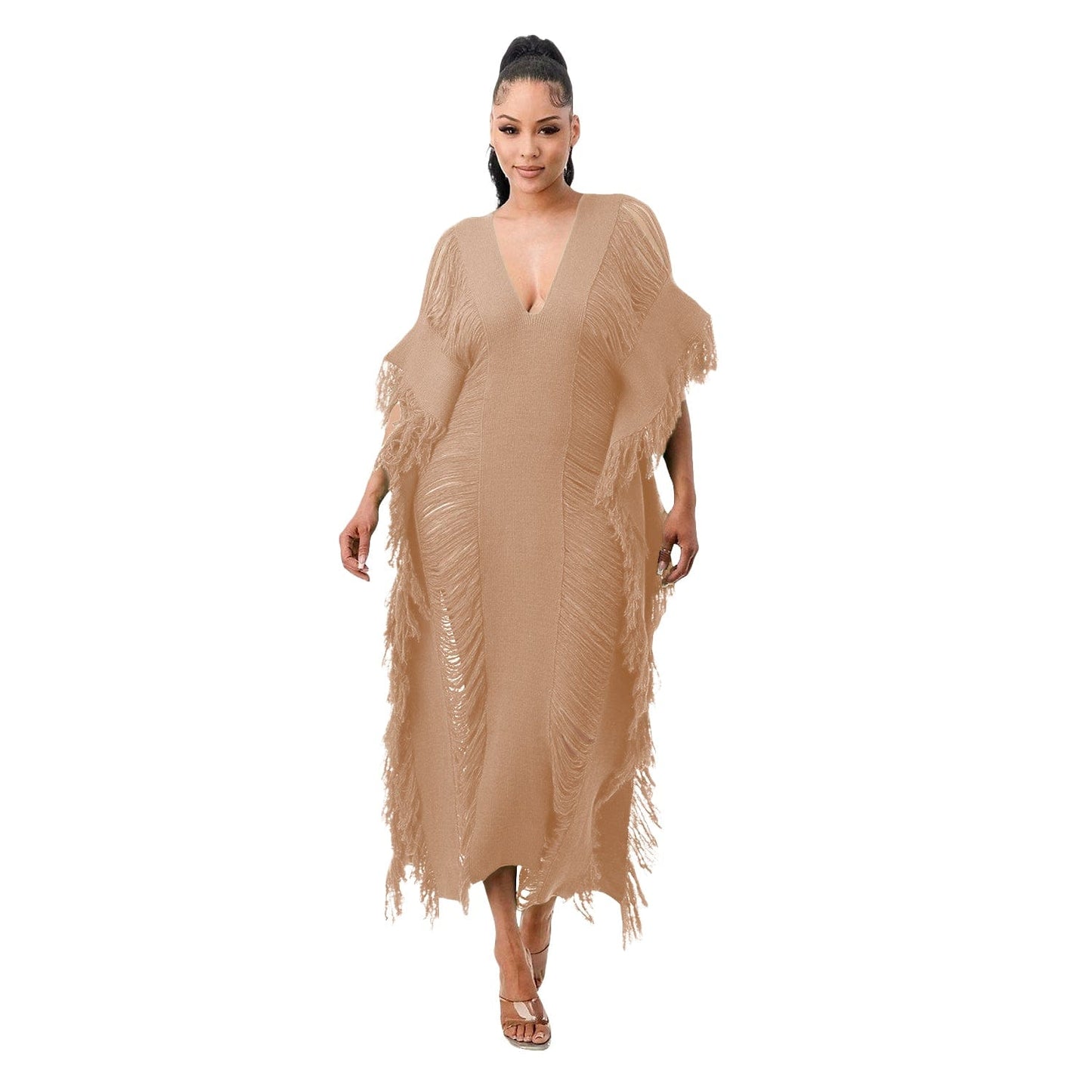 2 XL / Khaki Trendy Women Clothes Solid Color Manual Knitted Sheer Fringed Dress