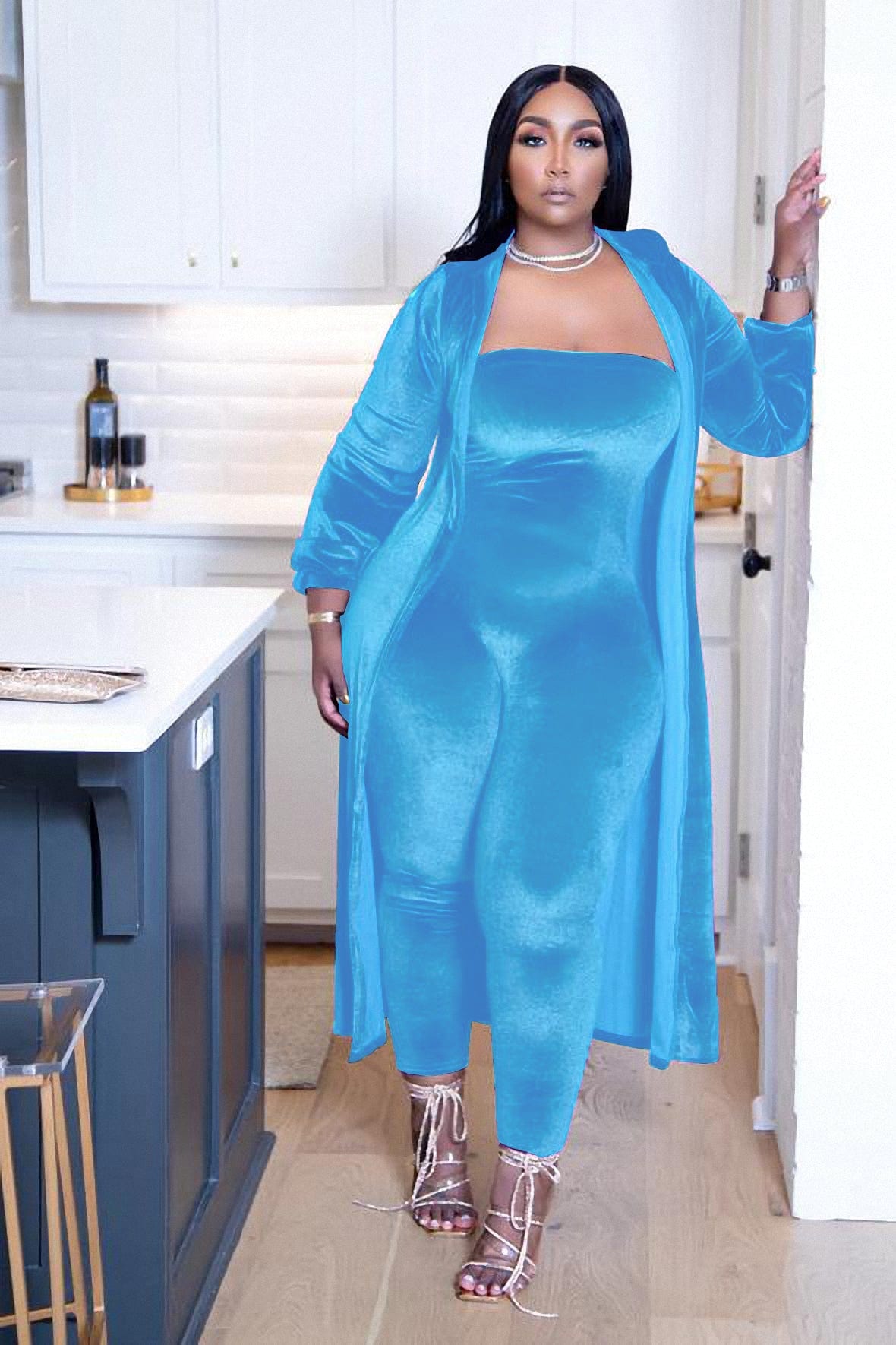 2 XL / Light Blue 2022 New African Off Shoulder Elastic Jumpsuit Kaftan Cardigan Women Velvet 2 Pieces Set