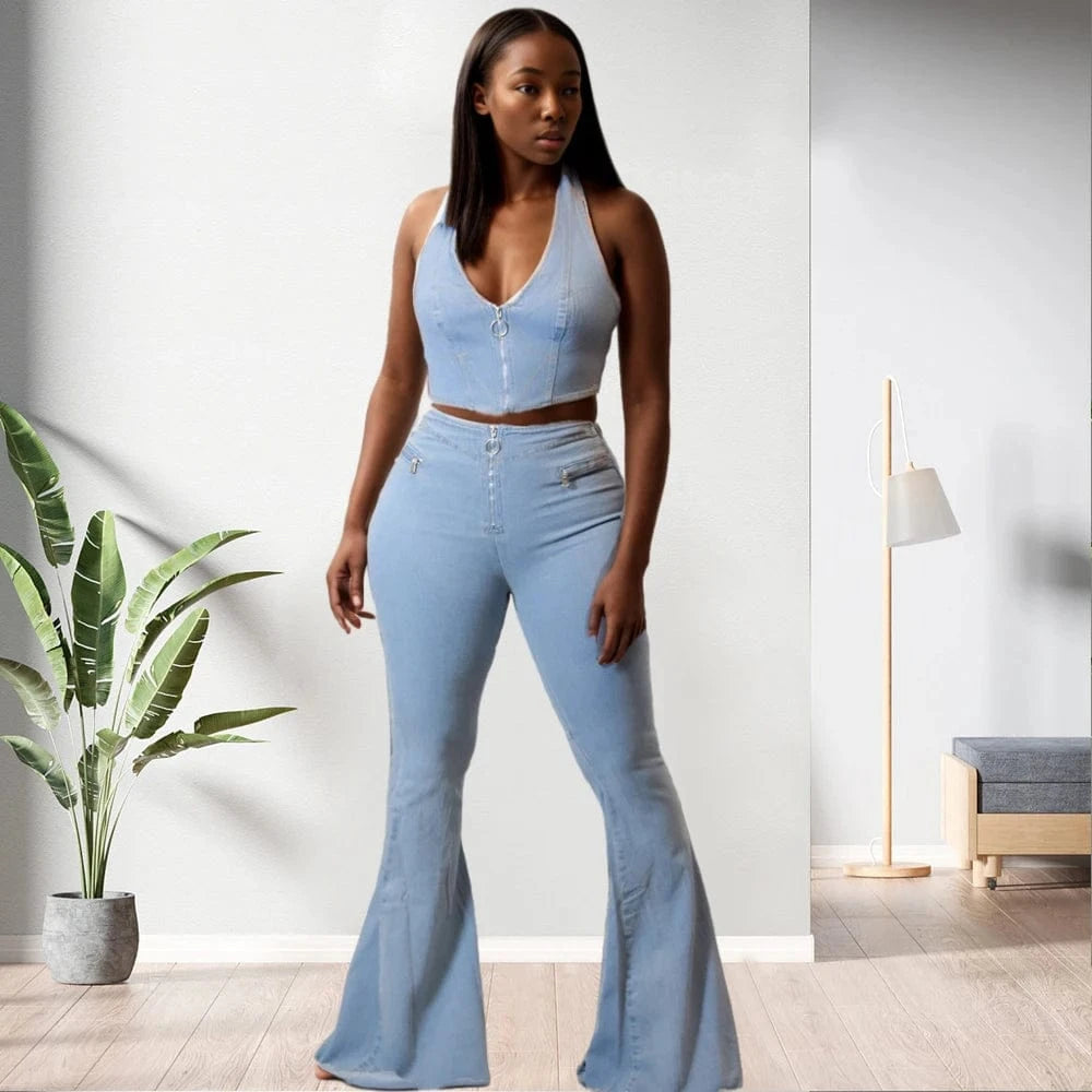 2 XL / Light Blue 90903-MX44 halter design boot cut wide straight jeans women denim two pieces set