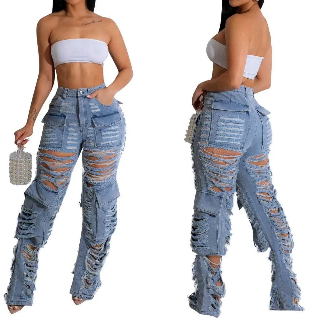 2 XL / Light Blue Extreme Ripped Cargo Jean Bold & Edgy