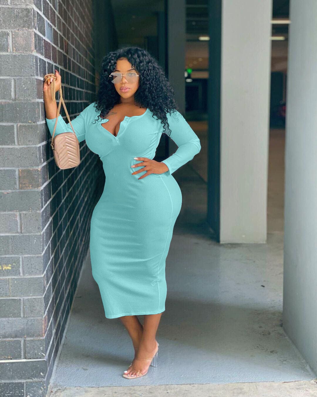 2 XL / Light Blue FNN-8629 Autumn And Winter Women'S Clothing Sexy Solid Color V-Neck Long-Sleeved Plus Size Women'S Dress