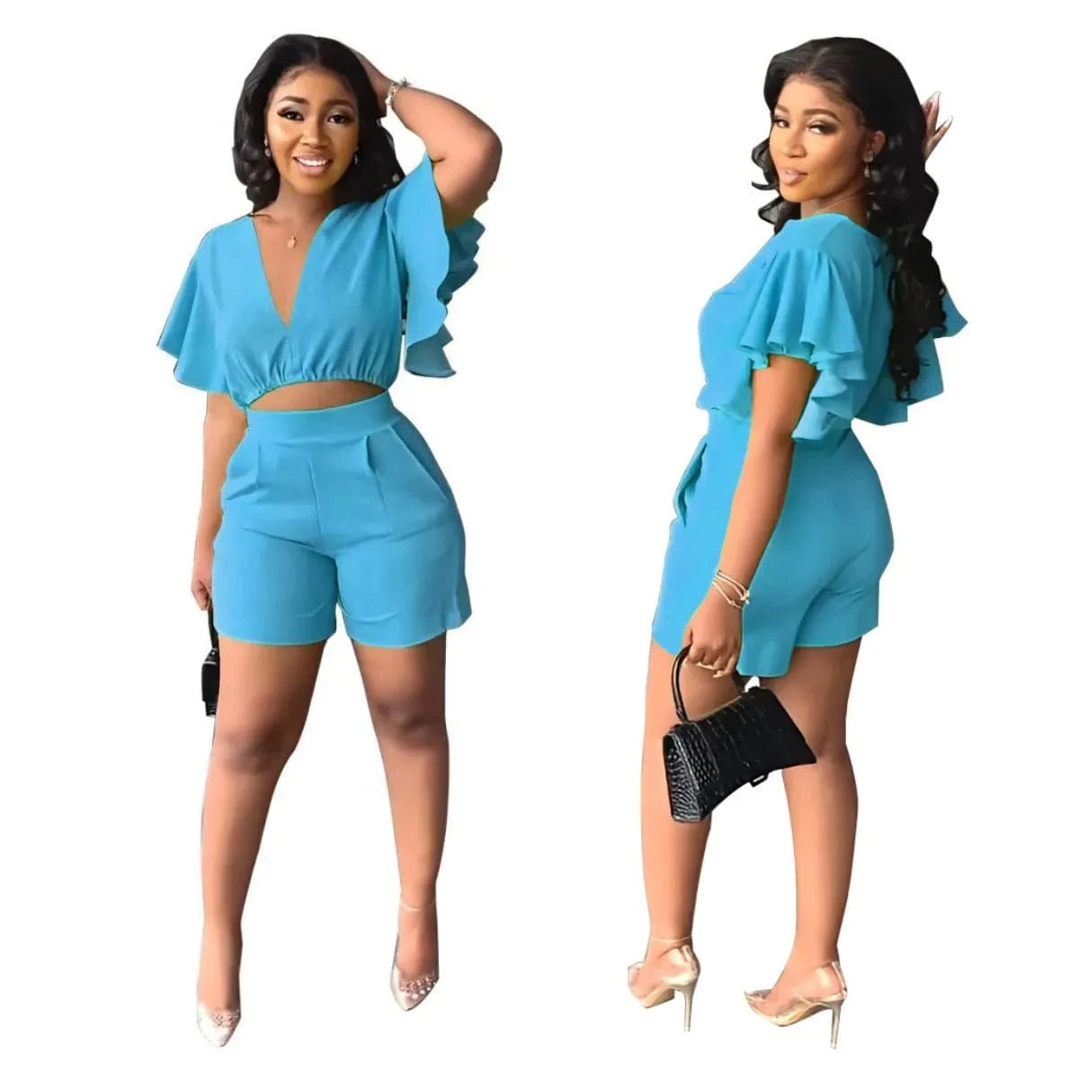 2 XL / Light Blue Summer Women's Sets Ruffled Sleeve V-neck Top + High Waist Pocketed Shorts Suit Lady Solid Casual Two Piece Set