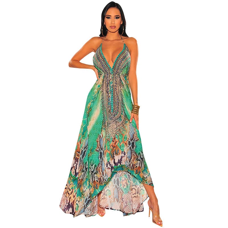 2 XL / MINT New summer sleeveless v-neck backless large swing skirt print bling women casual dress