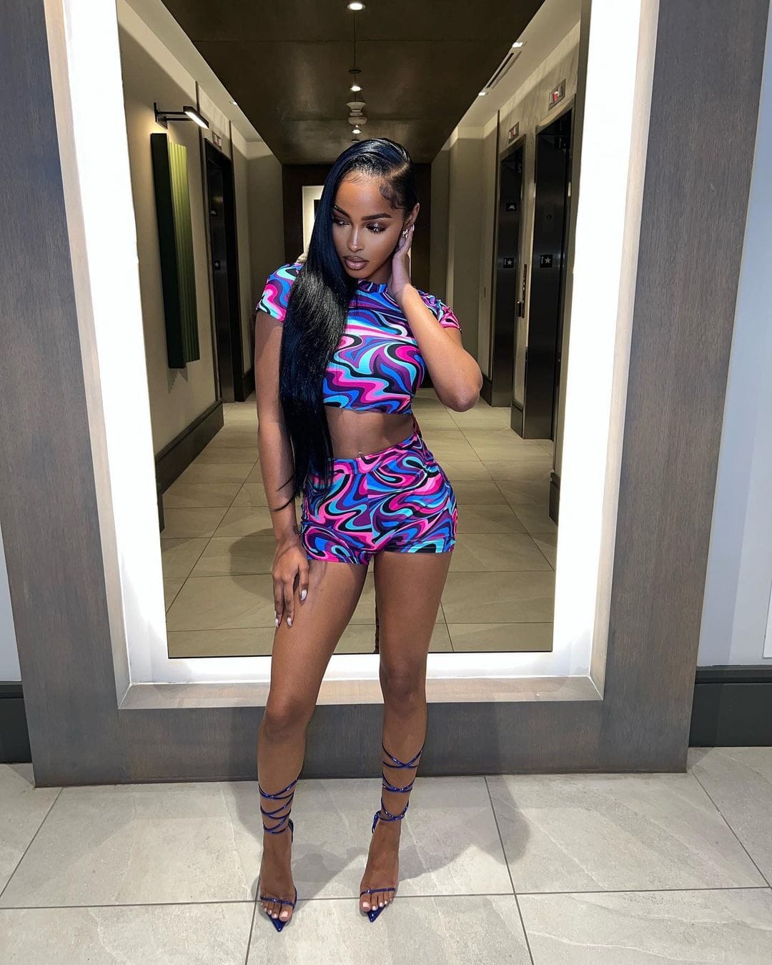 2 XL / Multicolor Purple 2023 New Design Fashion Clothes Tie Dye Print Biker Shorts And Crewneck Crop Top T-shirt Women Two Piece Set