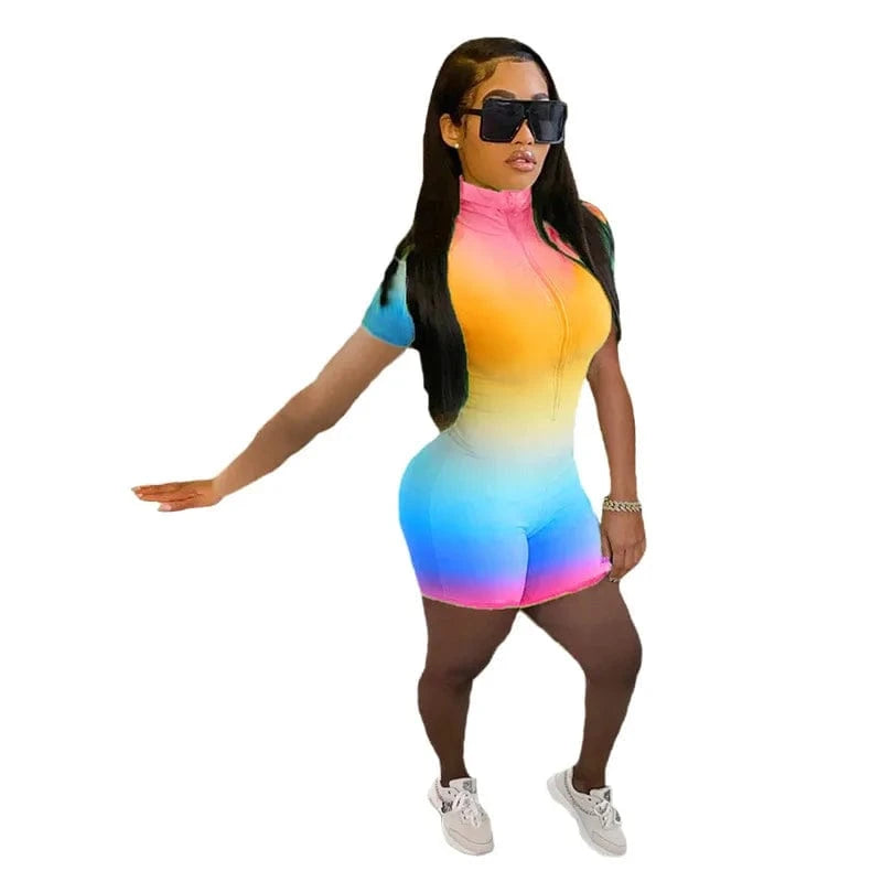 2 XL / Multicolor Summer Ombre Zipper Mid Waist Short Sleeve Ladies Rompers Sexy Bodycon Womens One Piece Ladies Jumpsuits